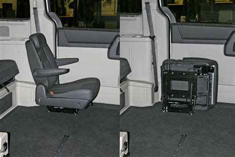 Three flipup jump seatsare anchored to a steel framework specifically designed to fit popular vans. . Flip and fold van seats